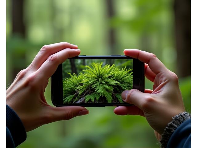 A person with a camera capturing the details of a dew-kissed fern during a mindful photography walk in a lush forest.