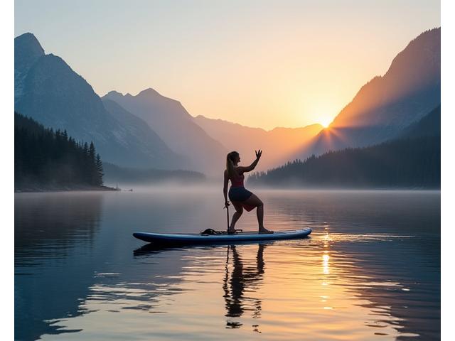 A person performing a yoga pose on a stand-up paddleboard on a calm Oregon alpine lake at sunrise.