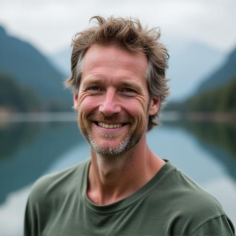 Portrait of Ethan Cole, a calm meditation guide, with a natural Oregon landscape in the background.