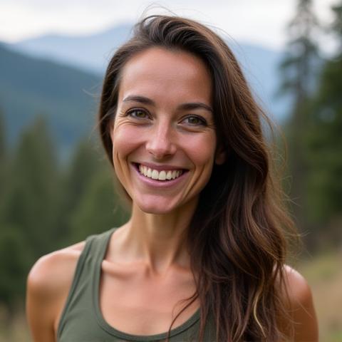 Portrait of Maya Rodriguez, a smiling yoga instructor in nature, with a serene forest background.