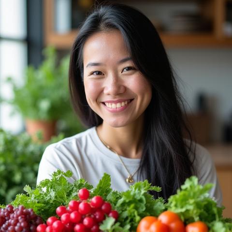 Portrait of Sarah Chen, a nutritionist with a warm smile, against a backdrop of fresh, local produce and herbs.
