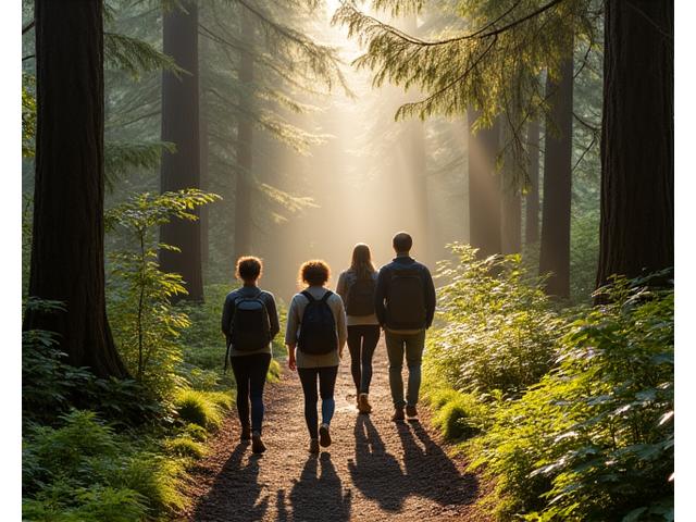 A small group hiking mindfully through an old-growth forest, shafts of sunlight illuminating the path, focusing on breath and surroundings.