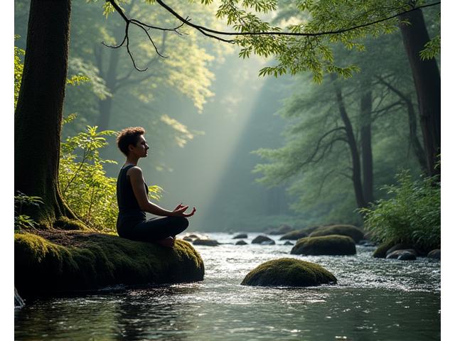 An individual meditating peacefully by a flowing river in a dense Oregon forest, dappled sunlight filtering through the trees.