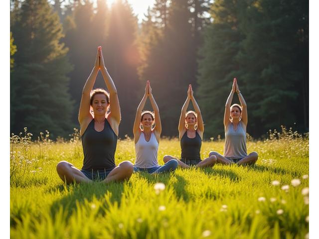 A diverse group practicing outdoor yoga in a lush meadow with a forest backdrop.