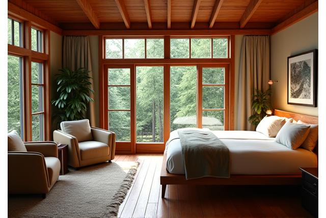 Cozy, naturally lit retreat lodge interior with wooden beams, comfortable seating, and large windows overlooking a forest.