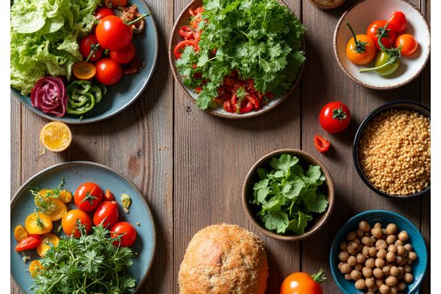 A beautifully arranged table of vibrant, healthy, organic, locally-sourced vegan and gluten-free dishes for a retreat meal.