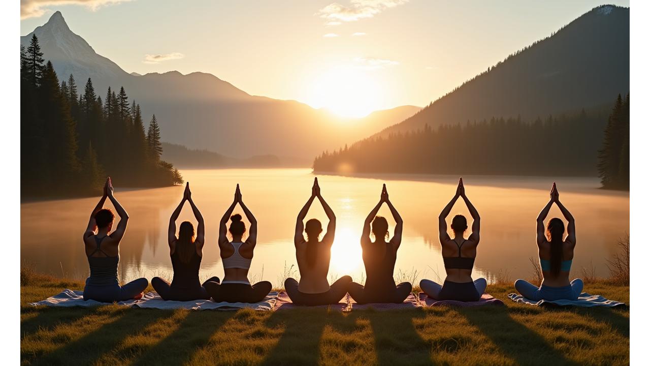 Sunrise yoga session overlooking a tranquil Oregon mountain lake, with mist rising and a diverse group performing gentle poses.