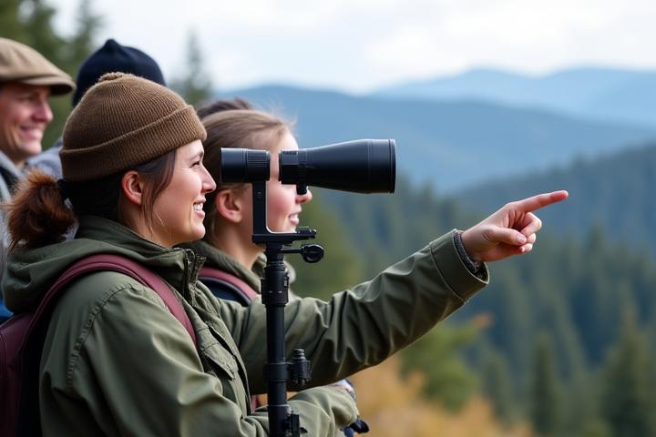 A naturalist guide with binoculars and a spotting scope, explaining wildlife to a small group of respectful tourists from a distance.
