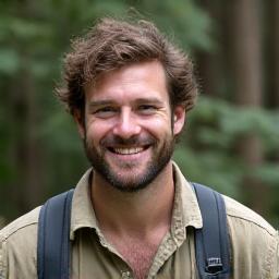 Portrait of Caleb Thorne, Mordelivaxentra naturalist, in a forest setting with a friendly, engaging smile.