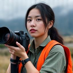 Portrait of Sophia Chen, Mordelivaxentra naturalist, holding a camera in a scenic outdoor environment, looking thoughtful.