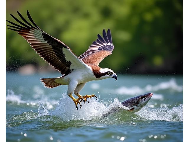 An Osprey in mid-air, talons extended, about to catch a fish from a clear Oregon river.