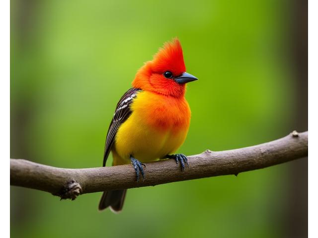 A vibrant Western Tanager bird perched on a branch, showing its bright red head and yellow body.