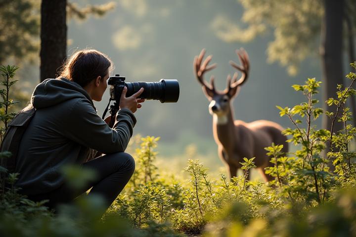 A photographer with a telephoto lens discreetly observing a deer in a serene forest setting, maintaining distance.