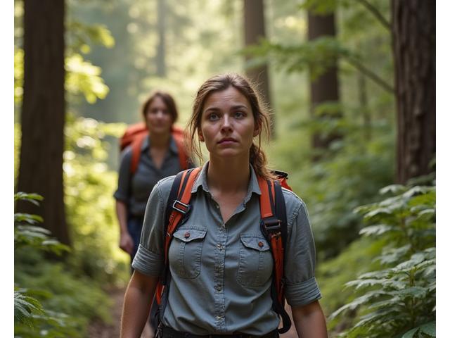 Woman looking slightly apprehensive but determined at the start of a nature trail, with a guide smiling supportively in the background