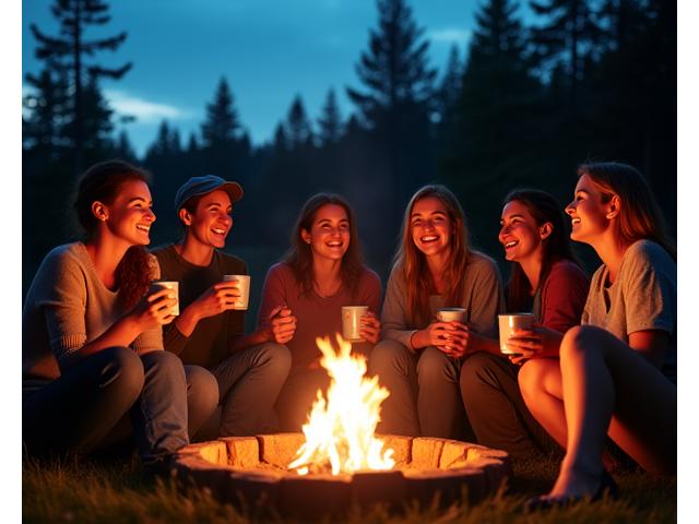 Group of diverse women sharing stories and laughing around a campfire under a starry sky