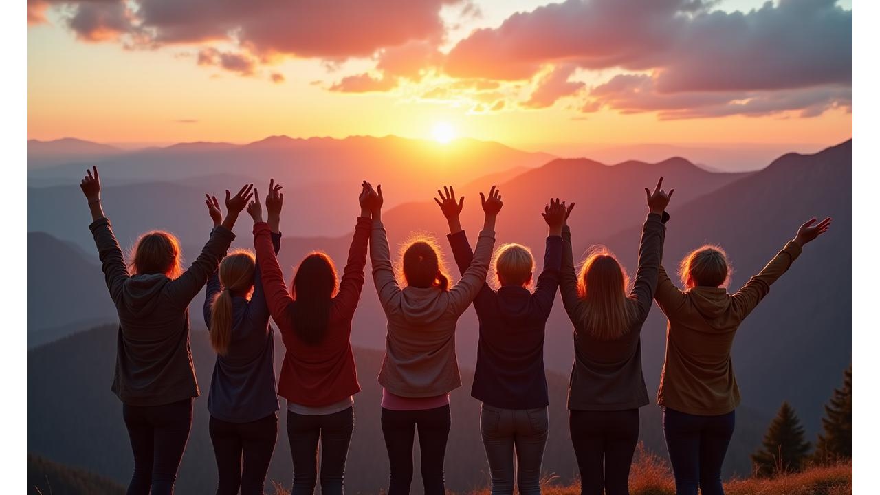 Group of jubilant diverse women celebrating a summit achievement with arms raised against a vast scenic backdrop