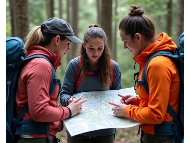 Group of women collaboratively reading a map during a multi-day backpacking trip