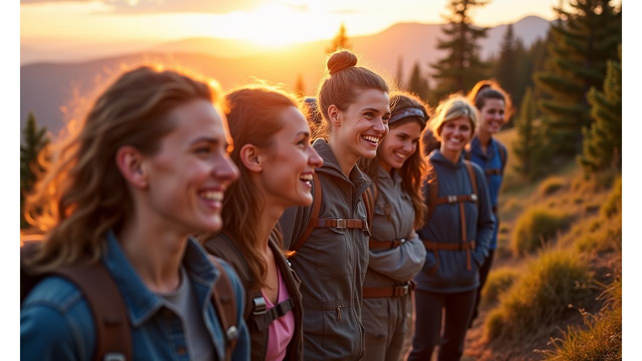 Diverse group of women hikers smiling and supporting each other on a scenic Oregon mountain trail at sunset