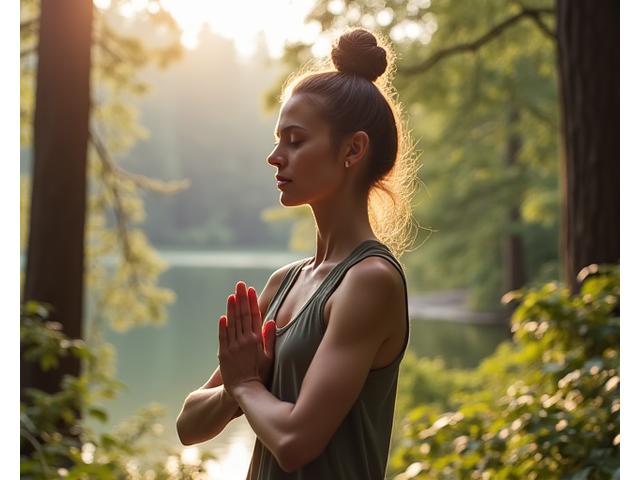 Woman practicing yoga outdoors in a serene natural setting like a forest glade