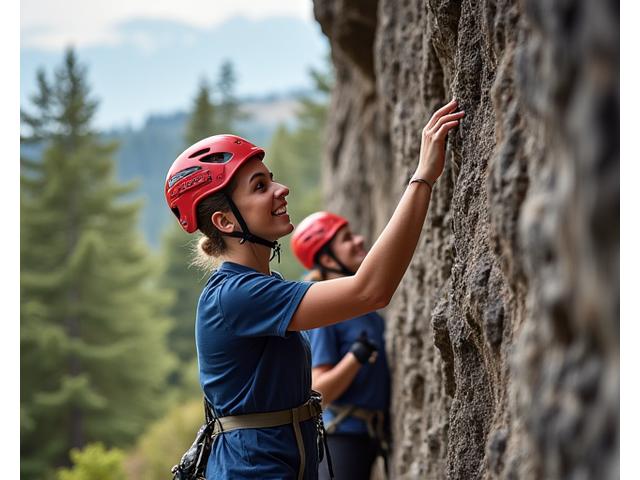 Woman confidently reaching for a handhold on a rock climbing wall, with supportive female friends below